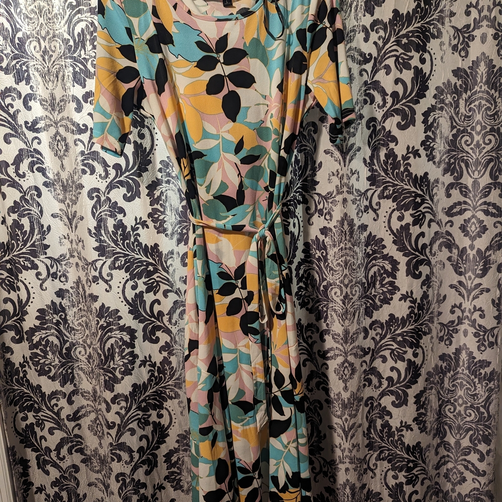 Nina Leonard Multicolor Leaf Print Long Sleeve Dress